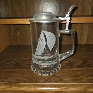 Sailboat Design Glass Beer Stein with Silver Lid